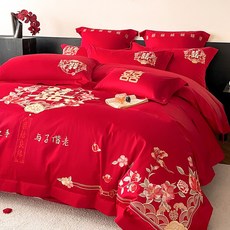 中式婚慶四件套 大紅色結婚寢具組, 富貴美滿-大紅,1.5m床笠款四件套【小雙人床, 大紅