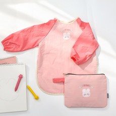 세맘스 방수 미술가운+파우치세트 유아촉감놀이 아기이유식턱받이 모래놀이 체험미술긴팔, 해피버니