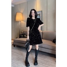 스팽글 원피스 빅사이즈 블랙 봄 가을 겨울 여자 반팔 슬림 반짝이 드레스 여성 파티룩