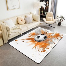 Erosebridal 축구 공간 러그 121.4cm x 115.4cm(4피트 11인치 x 3피트 3인치) 블랙 화이트 축구 거실 러그 미끄럼 방지 남아 여아 어린이 공 스포츠, 3'3" x 4'11" (Rectangular), 화이트 오렌지