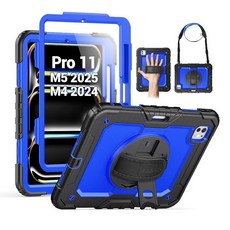 SEYMAC 아이패드 프로 11인치 케이스 M5 2025 / M4 2024용 액정보호필름이 있는 튼튼한 충격 방지 보호 케이스 360° 회전 스탠드 핸드/숄더 스트랩 및, Black / Blue_182628