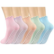 CUFF 커프BOW 보우 여성용 그립이 있는 러플 필라테스 양말 5쌍 체육관 바 필라테스용 파스텔 미끄럼 방지 크루 요가 양말 따뜻한 색상. 원사이즈 213520, CUFF 커프BOW 보우 여성용 그립이 있는 러플 필라