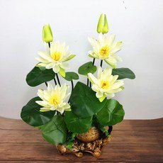 仿真荷花蓮花供佛花小套裝 塑料假花小盆栽 居家裝飾擺件, 1個, 茶壺盆+蓮花白色