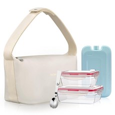 Hiheyhigh 여성용 가죽 런치 백 부드러운 단열 토트 용기 2개 스푼 및 아이스 팩(화이트, Hiheyhigh 여성용 가죽 런치 백, 부드러운 단열
