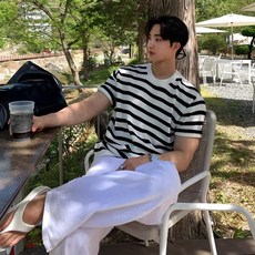 ANYOU 남성 여름 흑백 스트라이프 니트 반팔 티셔츠 라운드넥 데일리 상의