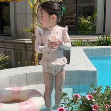 女童連體泳裝 夏季公主款 甜美櫻桃花邊長袖防曬泳衣
