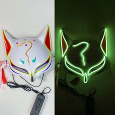 日本和風靈狐臉面具半貓妖狐舞會派對化妝道具兒童女中國風狐狸, 1個, 【發光】靈狐-螢光綠, 螢光綠