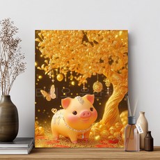 티레오 보석십자수 캔버스형 DIY 액자형 겨울 풍경화 크리스마스 인테리어 40x50cm 3D 대형 그림, 돼지 금전수, 1개