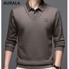 AURALA 중년 남성 빅사이즈 기모 니트 가을 겨울 루즈핏 카라넥 기모 티셔츠 아빠룩