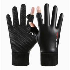 엘로 겨울 배달 라이딩 방한 스마트터치 핑거홀 가죽장갑, 블랙