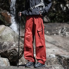 三防美式加厚兩件可脫內膽沖鋒褲 男款秋冬季新款戶外厚款寬松運動半松緊工裝休閑長褲, XL 建議體重（60-70 公斤）, 楓香紅