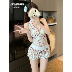 夏日新款分體泳衣兩件套水果印花小清新掛脖裙式韓版時尚洋氣小衆夯, 綠色,XL 【建議52.5-60.0公斤】