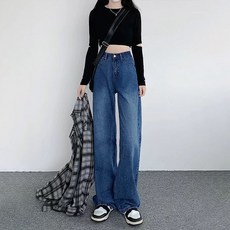 해피유통 여성용 하이웨스트 스트레이트 핏 데님 청바지 봄 가을 캐주얼 데일리