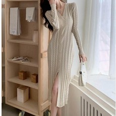 단추 여자 니트 브이넥 꽈배기 긴팔 원피스