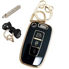 루루형제 현대 호환 자동차 프리미엄 TPU 키 케이스+번호 키링+가죽리본, 다크블랙, HK-03