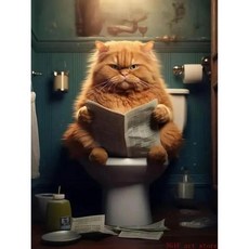 큰 고양이 변기 독서 신문 페인팅 풀 모자이크 예술 라인석 자수 그림 동물 벽장식, 1개