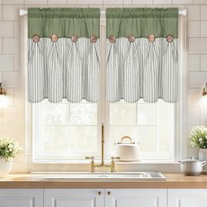 ASPMIZ Linenn 주방 커튼 61cm(24인치) 길이 팜하우스 보헤미안 버튼 창문 오버 싱크대 작은 창문 욕실 로드 포켓 트리트먼트 층용 그린 스트라이프 짧은 1