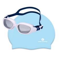 킵스위밍 초등 유아동 주니어 생존수영 수경+수모 세트, 수경: 화이트+수모:아쿠아블루, 1개
