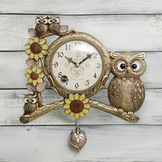 풍수 인테리어 데거 엔틱 부엉이 추 벽시계, 골드