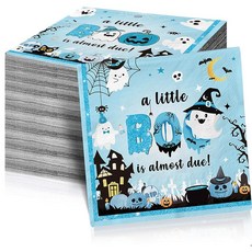 48피스 A Little Boo Is Almost Due 베이비 샤워 보이 할로윈 냅킨 Little Boo 베이비 샤워 장식 남아용 블루 할로윈 베이비 샤워 장식 남아용, 48피스 A Little Boo Is Almost Du