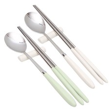 윌리브 304스텐 아모스 파스텔 수저 2종 세트, 그린 + 아이보리, 숟가락 + 젓가락, 2세트