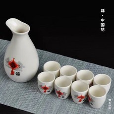 歐式中式復古陶瓷鋁合金溫酒器 家用餐廳擺設清酒杯酒壺套裝, 中國結 Ribbon 1壺+8杯, 1個