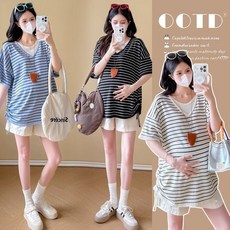 OOTD 孕婦套裝 針織條紋寬鬆T恤上衣 托腹短褲兩件套