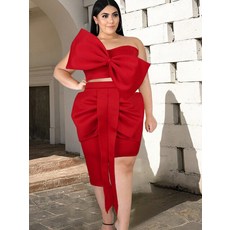 Summer Two Piece Dress Sets Women Outfits Red Big Bows Tube Crop Top and Irregular Ribbon Mini