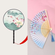 熱賣新款 漢服扇子 旂袍扇子 中國風扇子 古風扇子 團扇 半透長柄 流蘇小折扇 古裝女式漢服旂袍舞蹈扇 圓形日用扇, 荷蓮+黛色櫻雨, 1個