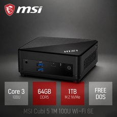 MSI Cubi 5 1M Wi-Fi 6E C3-100U / 작고 가벼운 사무용 인강용 업무용 가정용 미니PC, Free DOS, 1TB, 64GB, 블랙