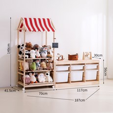 玩具收納 書架 收納箱 收納櫃 玩具箱 小賣鋪置物架玩具收納架小孩子過家家小推車玩偶架實木, 小賣鋪置物架紅色條紋 抽屜式三排三層
