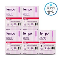 [템포] 슈퍼 사이즈 100P 양 많은날 순면 탐폰 체내형 생리대 수영장 휴가 오코텍스 인증, 20개입, 5개