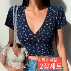 깊은 브이넥 라인업 크롭 섹시 반팔 티셔츠 2종세트