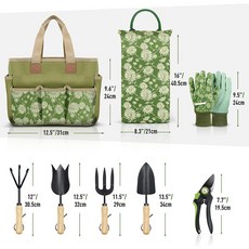 園藝工具套裝 附木柄鏟子、耙子、手提包、跪墊、手套 家用種植、鬆土、除草、移植、栽花必備全套園林工具組合, 1個