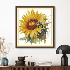 프린트 실십자수 올인원 패키지 14CT 초보자용 꽃 식물 도안, 3.해바라기와 꿀벌의 계절 (28x30cm), 1개