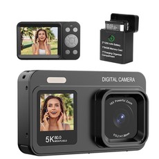 업그레이드된 5K 듀얼 유튜브 카메라 브이로그 포인트 컴팩트 청소년 기능을 80MP 사진 18배 캠퍼스 위한 블랙 줌 오토포커스 및 흔들림 갖춘 카메라 스크린 디지털 촬영, Black