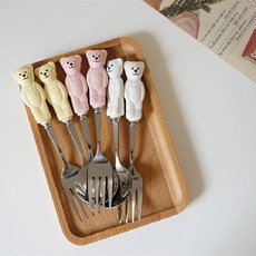 韓國ins熊卡通陶瓷碗不銹鋼甜品勺叉 - 可愛餐具組, 小熊  （粉色）/叉, 1個