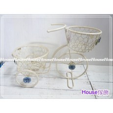 House傢飾 復古洗白藍玫瑰鐵製雙籃三輪車花器, 1個
