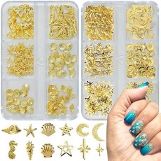 Matomtak 네일 파츠 별 달 조개껍질 해마 불가사리 네일 스터드 3D 입체 골드 스터드 스타 문 메탈 파츠 젤 네일 주얼리 파츠 네일 아트 데코 파츠 DIY 수제 귀여운 멋진