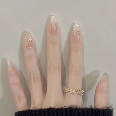 DFMEI 落雪梨花手工穿戴甲冰透裸色小花貓眼中橢圓氣質溫柔顯白美甲貼片, 1個, 1g, E43落雪梨花:XS【送美甲工具】