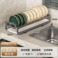 esday 槍灰色廚房抽拉式碗碟收納架 立式收納 加長加寬 附瀝水盤, 1個, 塑封包裝 免安裝打開即用 可瀝水,【固定碗架】可放10個碗(適用檯面)