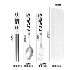 卡通不銹鋼餐具三件套組，可愛勺子叉子筷子，兒童禮品餐具, 1個, 餐具三件套-黑奶牛（送收納盒）