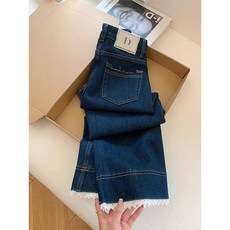 淺藍色蕾絲牛仔褲女夏季新款大碼梨形身材彈力顯瘦闊腿直筒九分褲