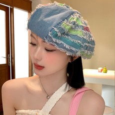 투니스 여성 디스트레스드 트리밍 배색 데님 베레모