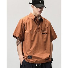 短袖POLO衫，日系復古寬鬆工裝襯衫，涼感翻領上衣