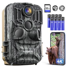 DEATTI 트레일 카메라 48MP 4K 게임 배터리 시야 카메라 야생 WIFI 블루투스 SD 포함 모션 야간 활성화 사슴 동물 카드 연결 32GB 8개, T41P
