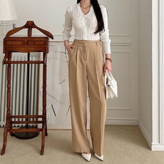 Tteugaejin 女款鬆緊腰圍壓褶寬版Rinoké西裝褲