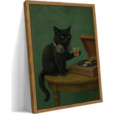 액자에 넣어진 검은 정글 식물 욕실 아트 캔버스 장식 재미있는 고양이 그린 그림 욕조, Music Cat, 12"L x 16"W
