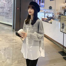 임산부 봄 긴팔 티셔츠 임부 패션 스트라이프 티셔츠 캐주얼 임부복 루즈핏 이너 상의 YXF