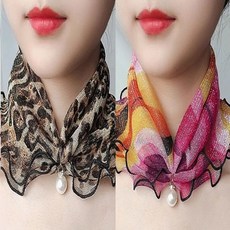 1+1쉬폰레이스넥워머 여성 쁘띠스카프 목보호 진주 메쉬스카프 2종세트